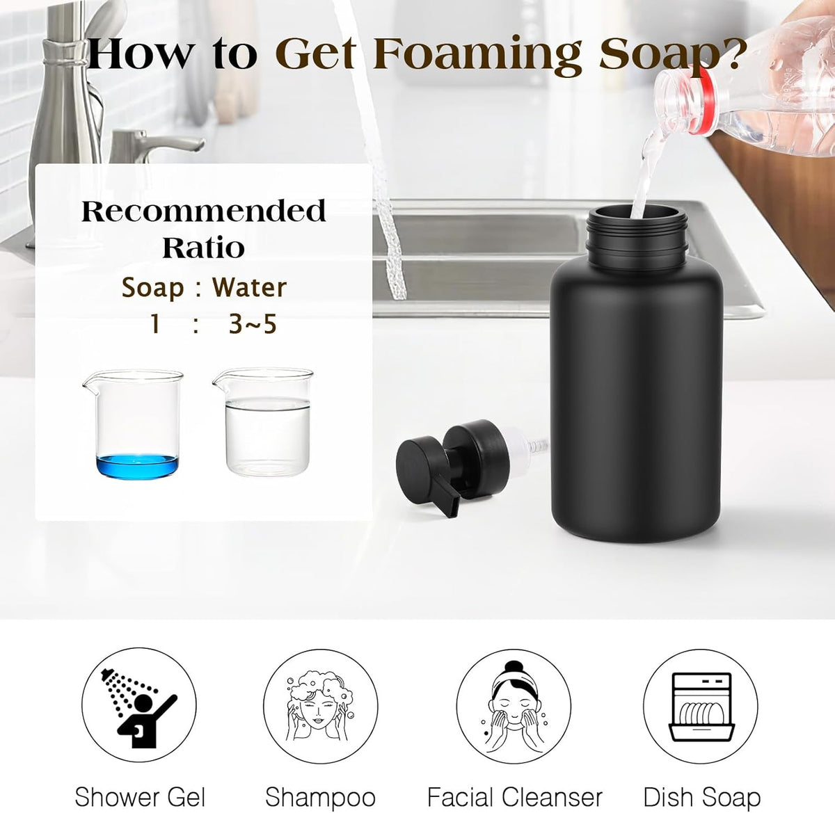 Luxspire Foaming Soap Dispenser, Glass Foam Pump Soap Dispenser, Non-Slip Hand Soap Container with 5 Waterproof Labels, 15 Oz Refillable Liquid Soap Holder for Bathroom & Kitchen, Black, 2 Pack