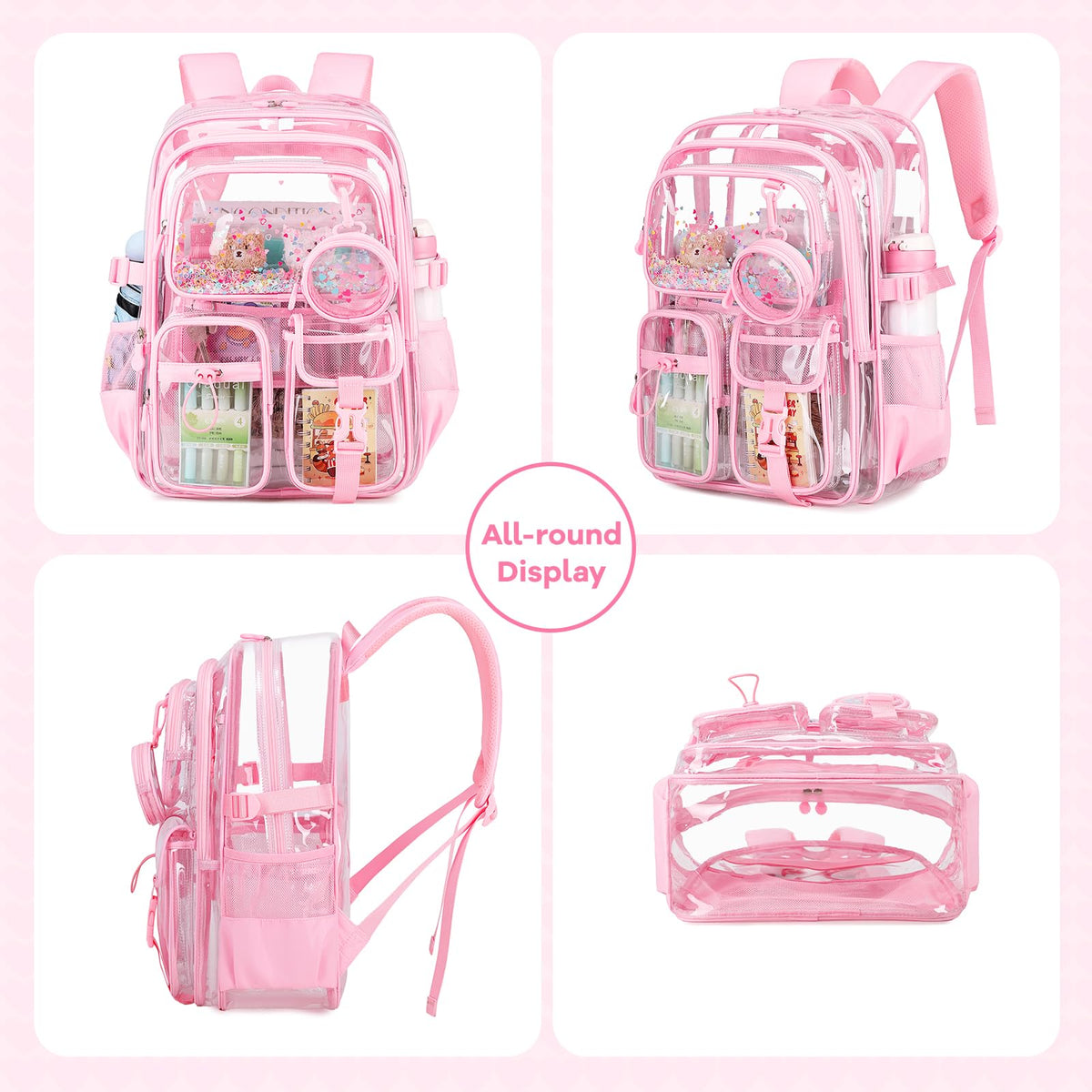 ASKSKY Clear Backpack for Girls School Clear Bookbag Stadium Events Heavy Duty Transparent Back Pack, Pink