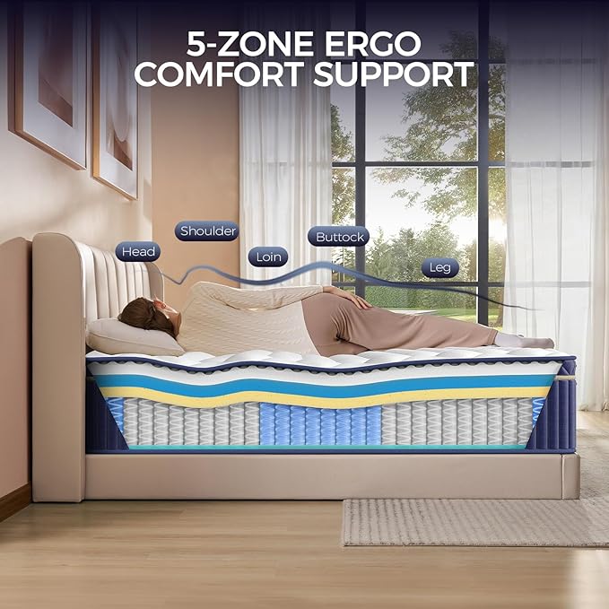 King Mattress, 14 Inch King Size Hybrid Mattress in a Box, Medium Firm Memory Foam mattress, with Individual Pocket Springs, Upgrade Zoned Support, Motion Isolation&Pressure Relief, CertiPUR-US