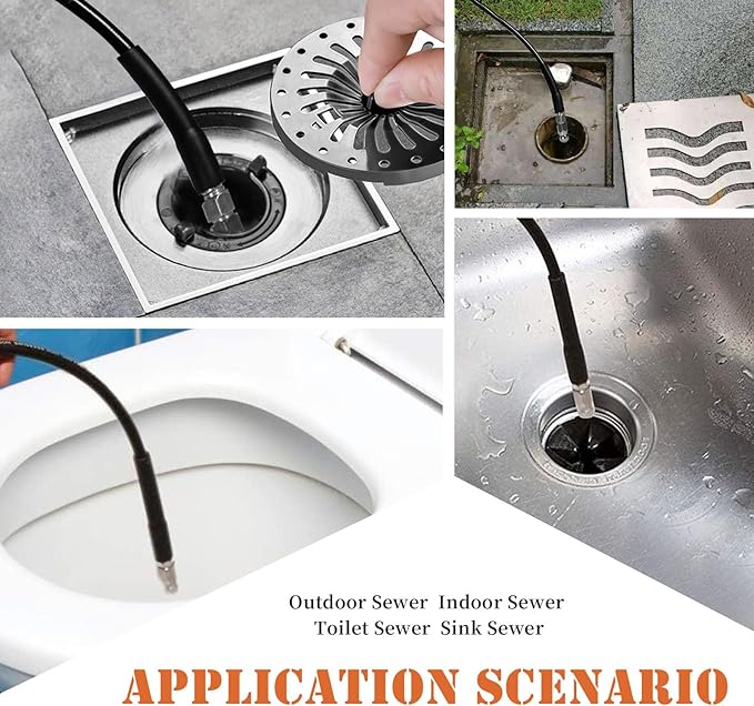 50FT Sewer Jetter Kit for Pressure Washer, 5800PSI Drain Cleaner Hose 1/4 Inch NPT Corner, Rotating and Button Nose Sewer Jetting Nozzles, Waterproof Tape and 2 Spanners (Black)