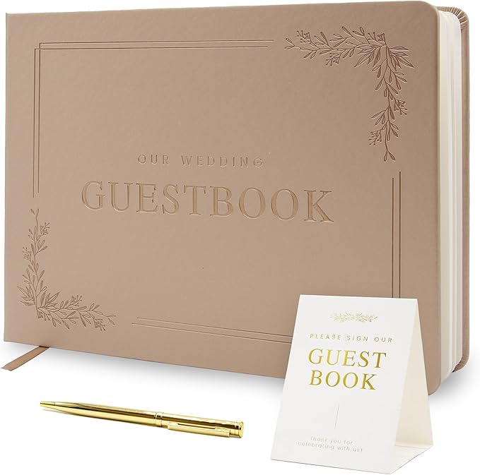 Floral Embossed Wedding Guest Book Set - 9 x 7.5 Hardcover Guestbook for Wedding Reception Sign in, Messages, Bridal Shower Engagement Party (Champagne Gold)