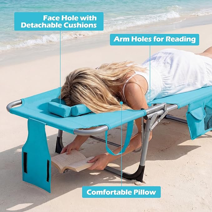 COSTWAY Tanning Chair with Face Hole, Folding Beach Lounge Chair | 4-Position Adjustable Backrest, Pillow & Side Pocket for Sunbathing, Camping (Turquoise)