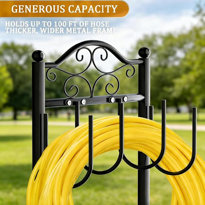 Garden Hose Holder, Heavy-Duty Garden Hose Stand for 100FT Hoses, Freestanding Water Hose Holder for Yard & Garden, Black