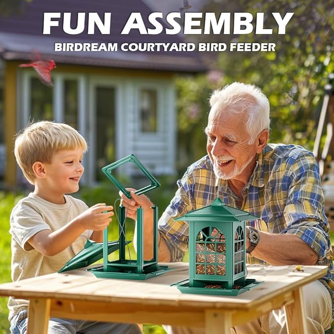 Birdream 2 Pack Bird Feeders for Outdoor Hanging, Assembly Required, 1-Min Easy Setup, Classic Courtyard Design, Attracting Cardinals Chickadees Goldfinches & Sparrows - Green