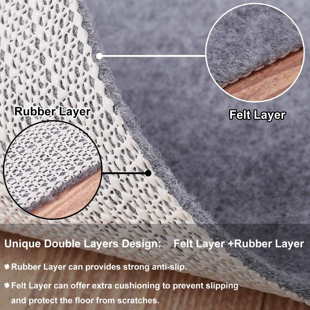 Non Slip Rug Pad Grippers - 6x9, 1/8" Thick, (Felt + Rubber) Double Layers Area Carpet Mat Tap, Provides Protection and Cushioning for Hardwood or Tile Floors