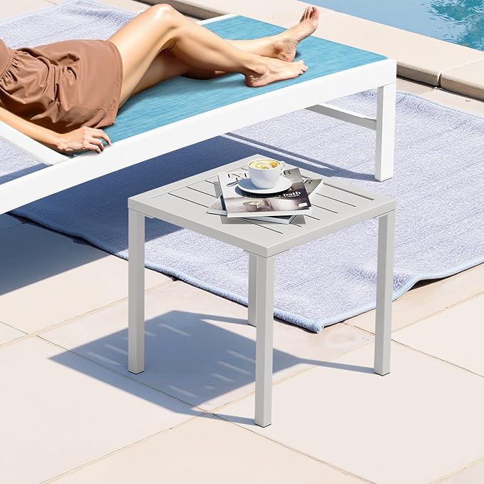 Crestlive Products Aluminum Outdoor Side Table, Pool Lounge Chair Side Table, Weather Resistant Small Square Coffee End Table for Patio, Yard, Garden, Porch, Deck, Indoor, Outdoor