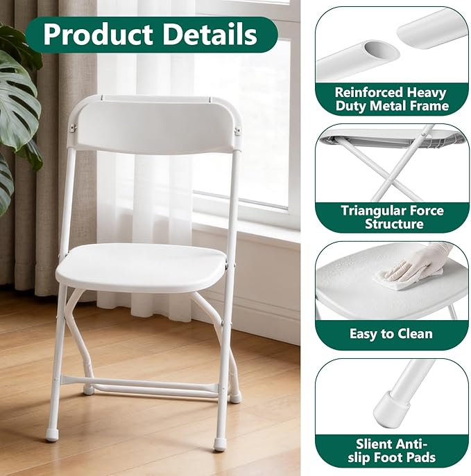 20 Pack White Plastic Folding Chairs, Outdoor Portable Folding Chair with Steel Frame, 350lbs Capacity Stackable Foldable Chairs for Patio, Garden, Picnic, Kitchen, Events