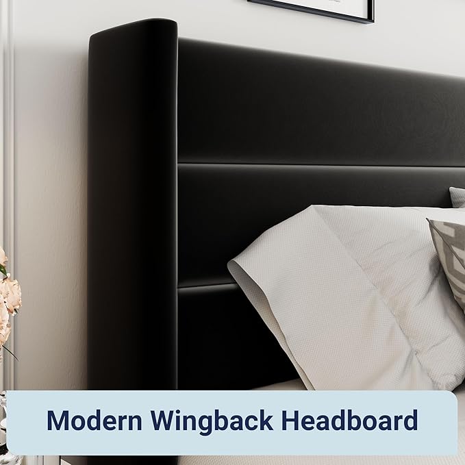 Allewie King Size Velvet Lift Up Storage Bed, Modern Wingback Headboard, Hydraulic Support, No Box Spring Needed, Black