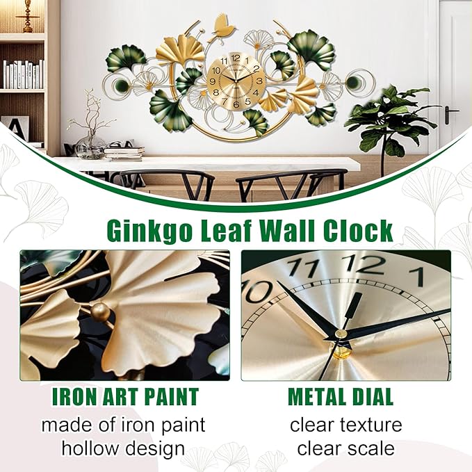 Big Wall Clock, Unique Ginkgo Leaf Decorative Wall Clocks, Luxury Metal Gold