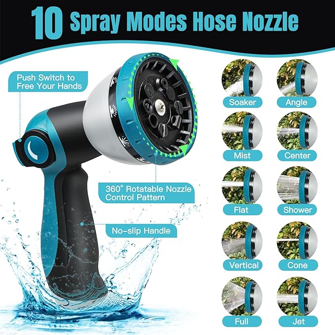 Gardentime 100FT Non-Expandable Garden Hose, Heavy Duty Flexible Water Hose with Leakproof 3/4" Fittings 10 Modes Spray Nozzle, Kink-Free, Lightweight & Durable for Yard, Lawn, Garden & Outdoor Use