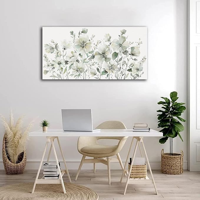 Elegant Flowers Wall Art Abstract Floral Pictures Wall Decor Modern Green Botanical Canvas Painting Flower Blossom Canvas Print Artwork for Living Room Bedroom Office Home Wall Decoration 24" x 48"