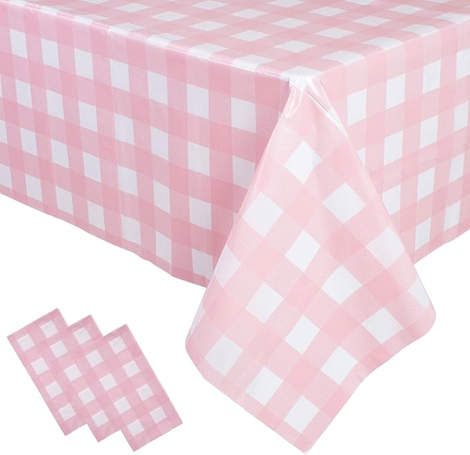 3 Packs Pink Checkered Tablecloth 54x108 Inches Rectangle Gingham Tablecloth Disposable Plastic Waterproof Table Cover for Outdoor Picnic Kitchen and Birthday Party