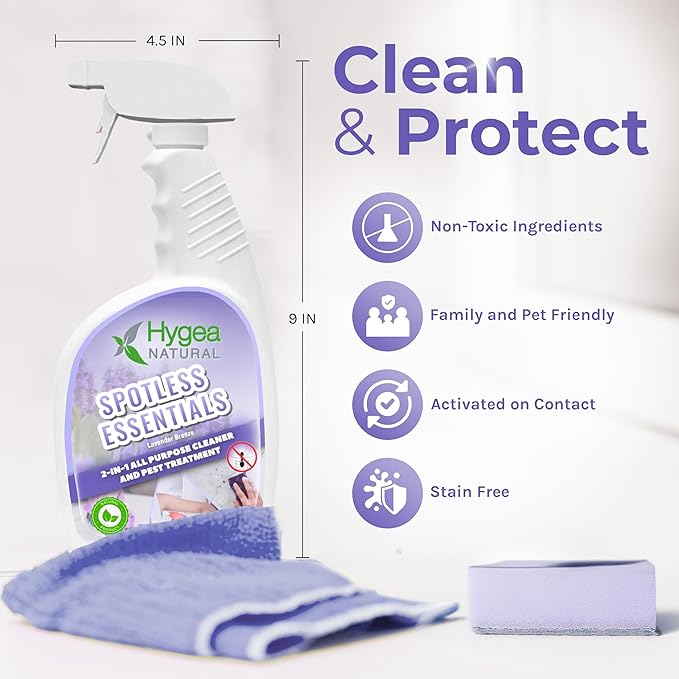 Hygea Natural Spotless Essentials - Indoor pest control - Kills fleas, bed bugs, Dust Mites & Multi-Surface Cleaner spray for Home & Kitchen - Child & Pet Friendly - 24oz (Lavender Breeze Scent)