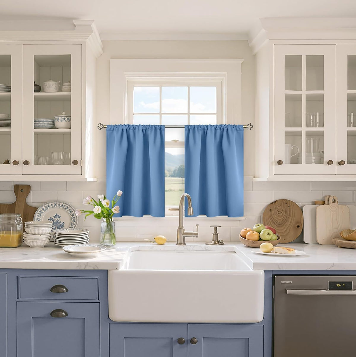 BGment Denim Blue Blackout Curtains 36 Inches Long for Kitchen Cafe Window - Half Window Drapes with Rod Pocket Short Length Privacy Protection Blinds for Rv Bedroom Bathroom, 34 x 36 Inch, 2 Panels