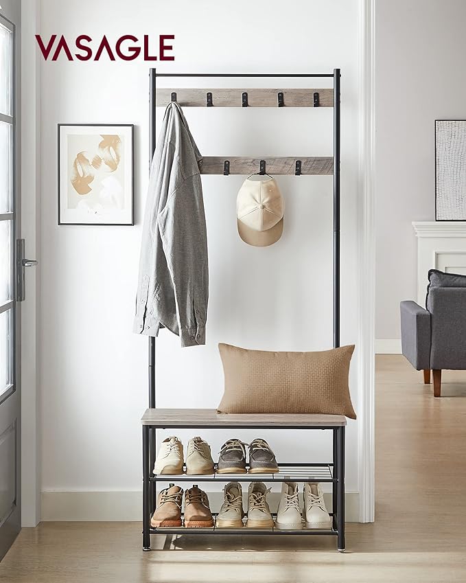 VASAGLE Coat Rack, Hall Tree with Shoe Storage Bench, Entryway Bench with Shoe Storage, 3-in-1, Steel Frame, for Entryway, 12.6 x 27.6 x 68.9 Inches, Industrial, Greige and Black UHSR41MB