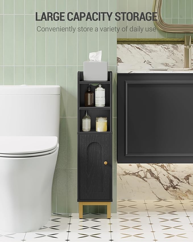 Bathroom Storage Cabinet, Small Corner Floor Cabinet with Door and Shelves, Narrow Toilet Paper Holder, Bathroom Organizer with Adjustable Shelf, for Small Spaces, Black BC08206X