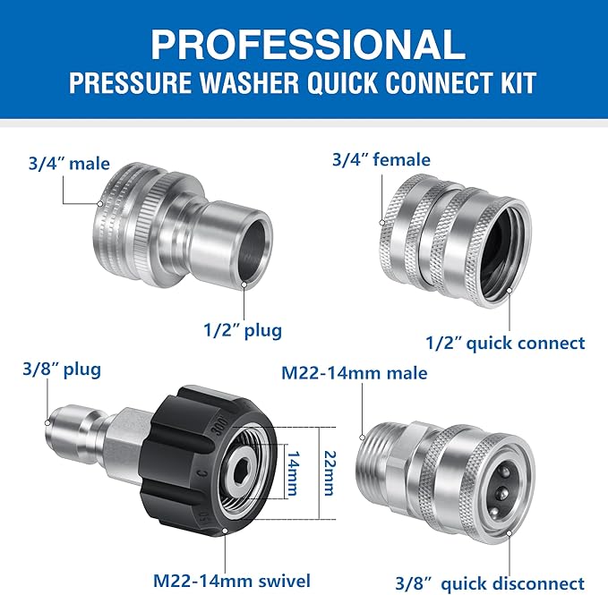 Premium Pressure Washer Quick Connect Kit - M22 Swivel to 3/8'' Quick Connect, 3/4'' to Quick Release, M22 14mm Power Washer Adapter Set Quick Connect Pressure Washer Fittings (Stainless Steel)