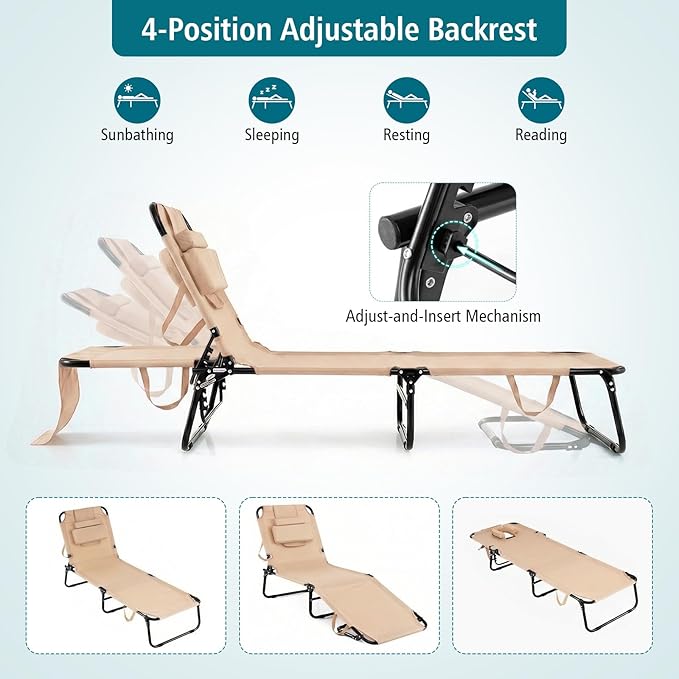 GYMAX Tanning Chair, Folding Lounge Chairs with Face Hole & Cover, Removable Pillow Carry Handle, Portable Compact Outdoor Layout Recliner for Beach, Poolside, Lawn, Patio, Camping (Sand,2)