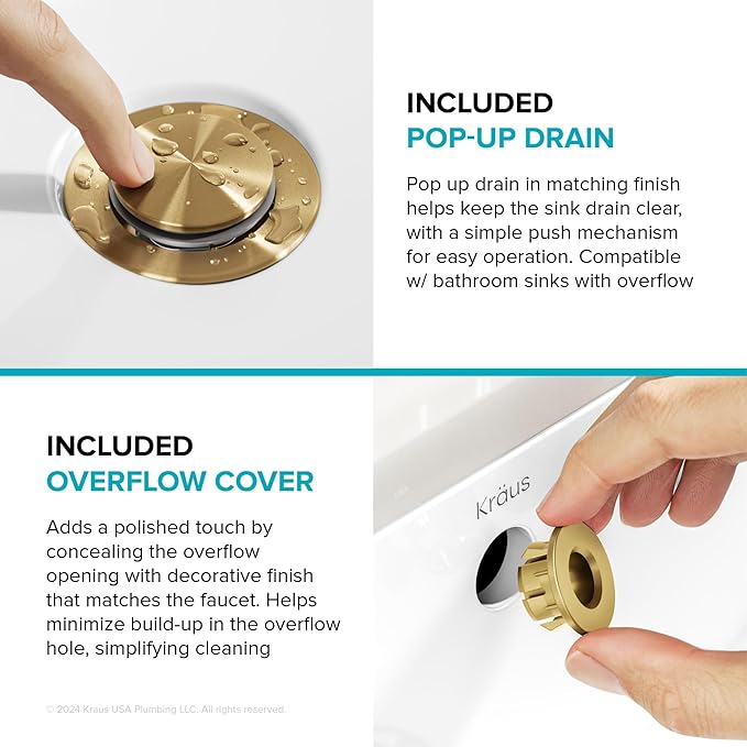 KRAUS Indy Centerset Bathroom Faucet in Spot-Free Brushed Brass with 2 Handles, Pop Up Drain and Supply Lines, FUS-14102SFBB