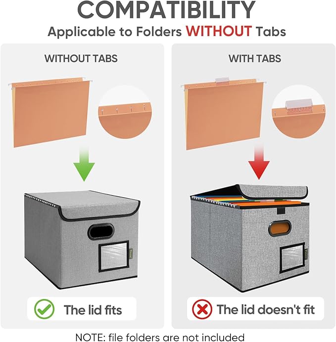 BALEINE File Organizer Box with Lid, Collapsible File Folder Organizer with Plastic Slide, Hanging File Folder Box for Office Document Storage (1 Pack, Grey)