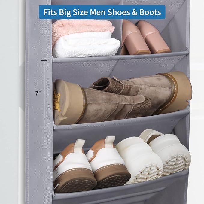FENTEC 2 Pack Over the Door Shoe Organizer, Hanging Shoe Organizer, 6-Tier Large Deep Pockets Door Shoe Rack with 3 Hooks Shoe Organizer for Shoes, Sneakers, and Home Accessories, Grey