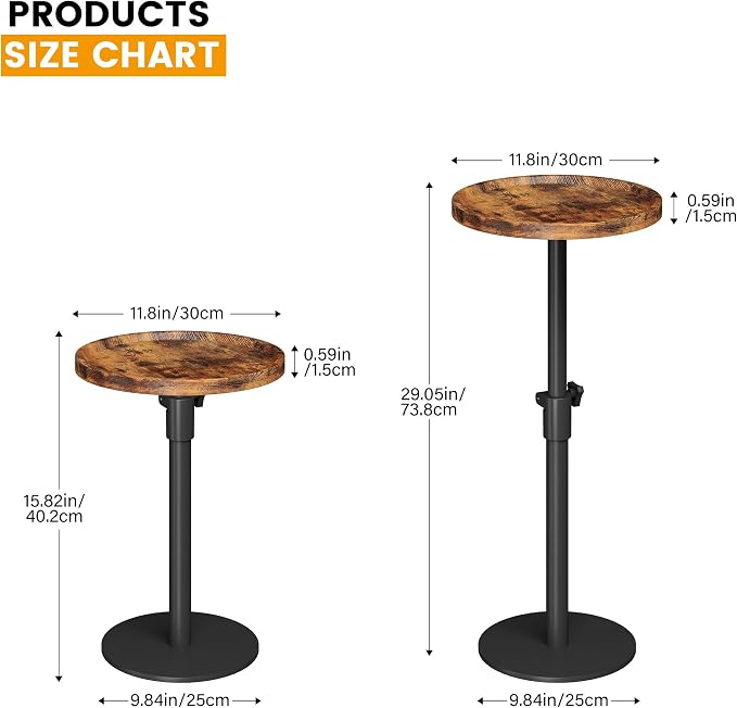 Homeiju Adjustable Round Side Table, Pedestal End Table for Small Spaces, Wooden Couch Table, Tall Drink Table for Living Room, Bedroom, Patio, Brown