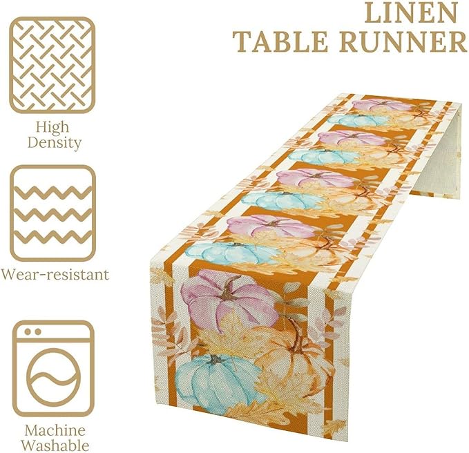 Watercolor Pumpkin Table Runner Rustic Farmhouse Autumn Plants Colorful Leaves Pastoral Harvest Theme Home Decor for Farmhouse Indoor Outdoor Party Holiday Dining Kitchen Restaurant Cafe W13xL108in