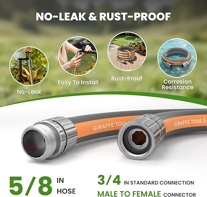 Giraffe Tools 5FT Garden Hose, 5/8" Lightweight Lay Flat Water Hose, No-Kink, Flexible Gardening Hose with Male to Female Aluminum Fitting, Customizable-Length Hose Pipe for Yard