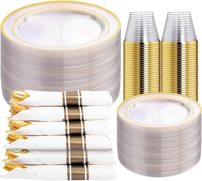 DaYammi 350PCS Clear Gold Plastic Dinnerware Set for 50 Guests, Christmas Plates Disposable, Include: 50 Dinner Plates, 50 Dessert Plates, 50 Pre Rolled Napkins with Gold Silverware, 50 Cups