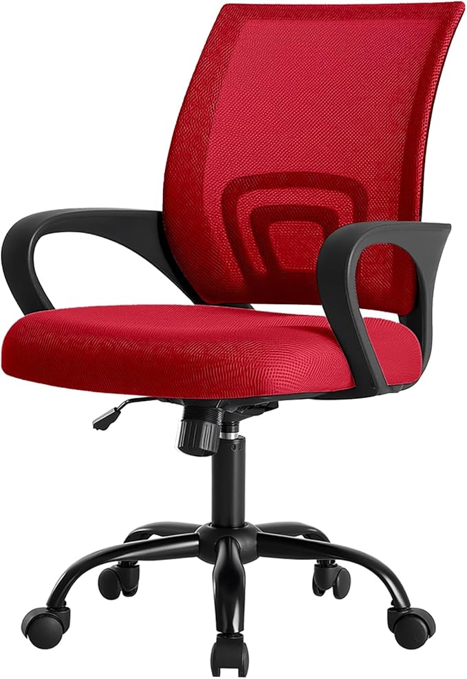 DUMOS Home Office Chair - Ergonomic Mid Back Mesh Desk Chair with Lumbar Support & Rocking Mode, Height Adjustable with Fixed Armrest, for Computer, Gaming, Meeting, Red, 2 Pack