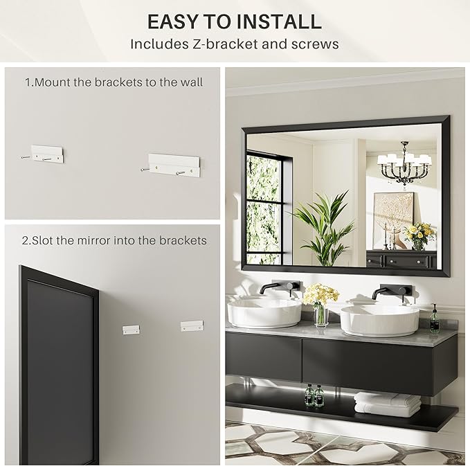 60x30 Inch Black Bathroom Mirror for Wall, Thick Metal Framed Rectangle Mirrors for Over Sink, Bedroom, Living Room, Entryway, Anti-Rust, HD Tempered Glass