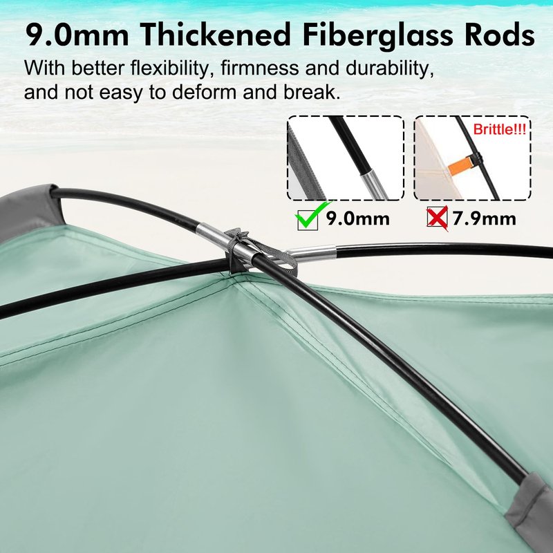 WhiteFang Beach Tent Anti-UV Portable Sun Shade Shelter for 4 Person with Blackout Shelter, Extendable Floor with 3 Ventilating Mesh Windows Plus Carrying Bag, Stakes and Guy Lines (Mint Green)