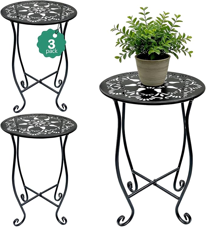 Arbuxzuy 3 Packs 17" Tall Round Metal Outdoor Side Tables for Patio, Decorative Black Flower Pot Stand, Rustproof Potted Holder, 120 lbs Load Capacity