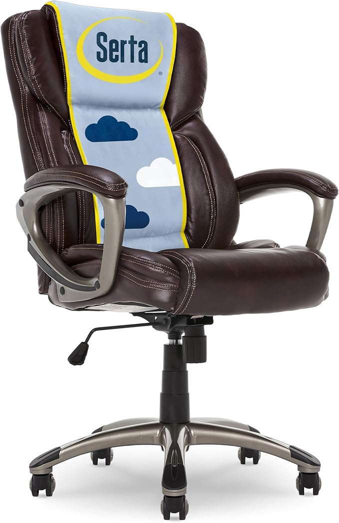 Serta Garret Executive Office Chair, Ergonomic Mid-Back with Lumbar Support, Semi-Plush Cushion and Body Pillows, Padded Armrests, Swivel Base, Bonded Leather, Brown