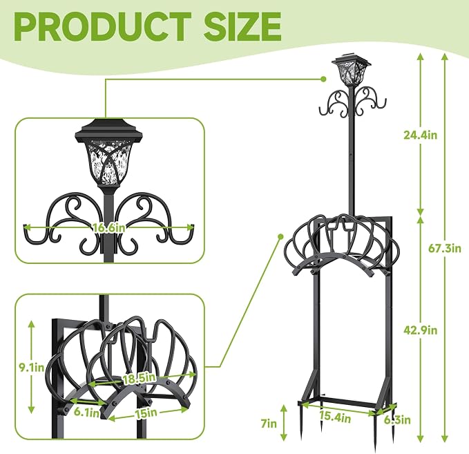 New Upgraded 3-in-1 Garden Hose Holder with Solar Light & Shepherds Hooks | Stores 160" Hose, Freestanding with Double Hooks for Hanging Decor - Perfect for Outdoor Yard, Lawn & Patio at Night