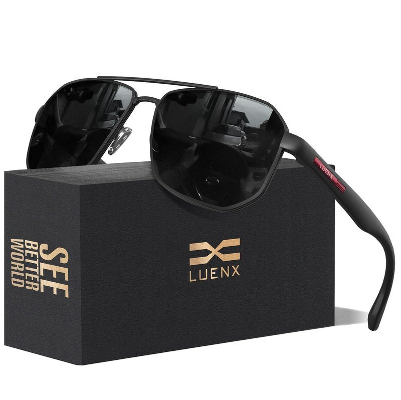LUENX Aviator Sunglasses for Men Square Polarized Polygon Lens - UV 400 Protection with Accessories Driving Outdoor