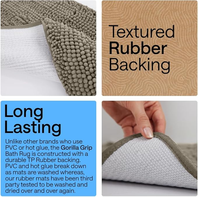 GORILLA GRIP Plush Absorbent Shaggy Chenille Bath Rug Mat for Square Toilet Base with Rubber Backing, Machine Washable Rugs, Soft Microfiber Contour Mats for Toilets, Bathroom Decor, Latte