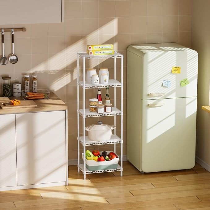 SINGAYE 5 Shelves Storage Shelf Wire Closet Bathroom Organizers Metal Pantry Kitchen Small Garage Shelving Unit Laundry Room Organization Home Corner Rack Estantes para Cocina White 10" Dx16 Wx55”H