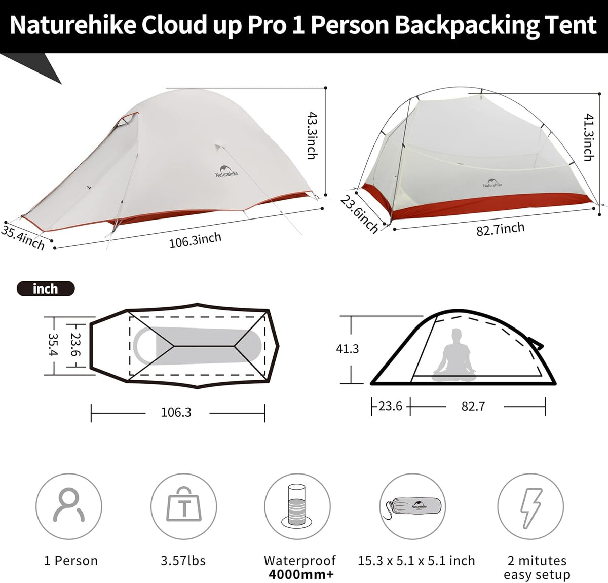 Naturehike Cloud-Up 1 Person Tent, Lightweight Backpacking Tents for One Man, Waterproof Ultralight One Person Tent for Camping Hiking Backpacking