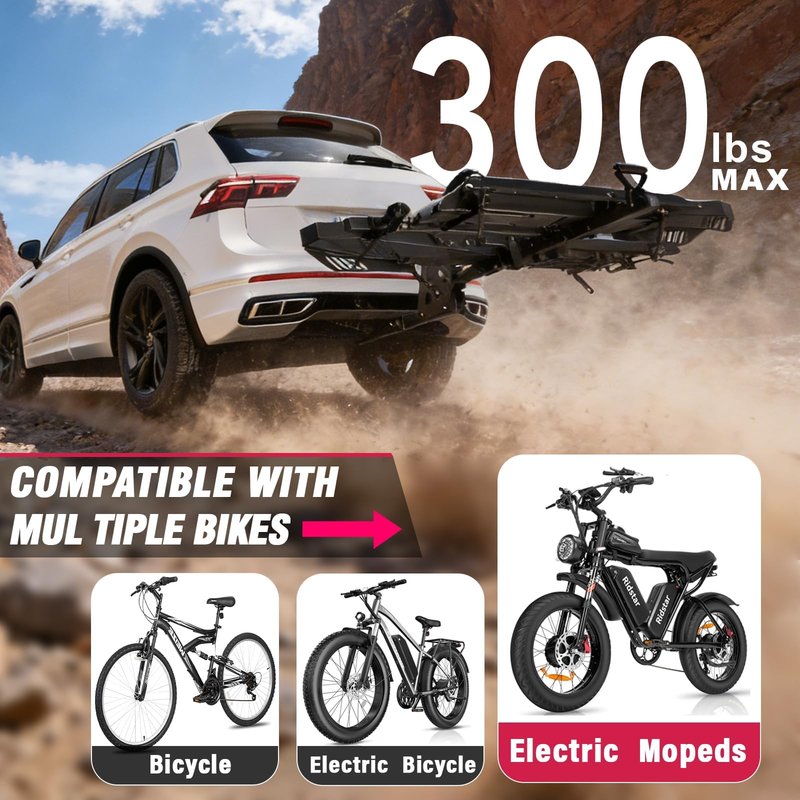 Tekmira Ebike Rack with Ramp, Foldable Bike Rack for Tow Hitch, Heavy Duty Bike Carrier for 2 Fat Tire Bikes with 300LBS Load Capacity - Fits SUV, Truck, Trailer, RV-Gray