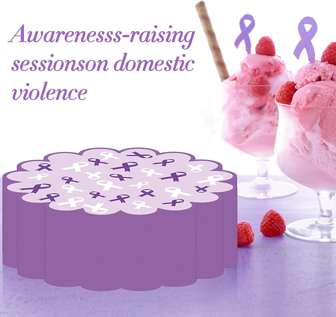 100 Pcs Domestic Violence Awareness Products 13.5" Scalloped Purple Ribbon Paper Placemats Disposable Alzheimer’s Pancreatic Cancer Awareness Products for Charity Public Social Event Party Supplies