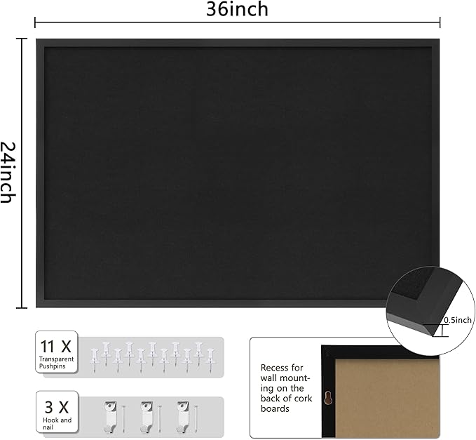 DAHAPYBOO Cork Board with Linen Black, Bulletin Board 36"x24", Corkboards
