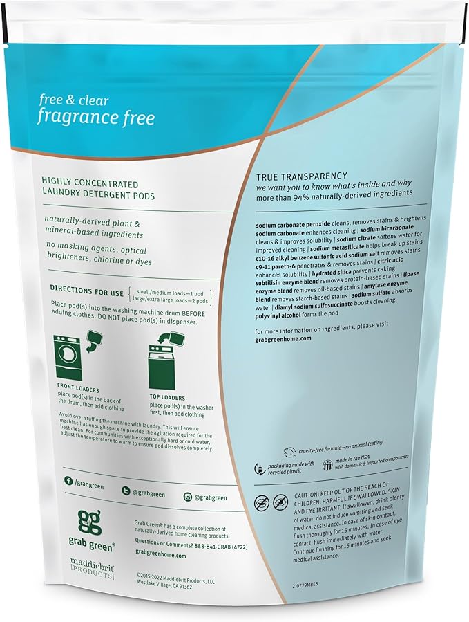 Grab Green Natural 3 in 1 Laundry Detergent Pods, Free & Clear/Unscented, 24 Loads, Fragrance Free, Organic Enzyme-Powered, Plant & Mineral-Based, 13.5 Ounce, 24 Count