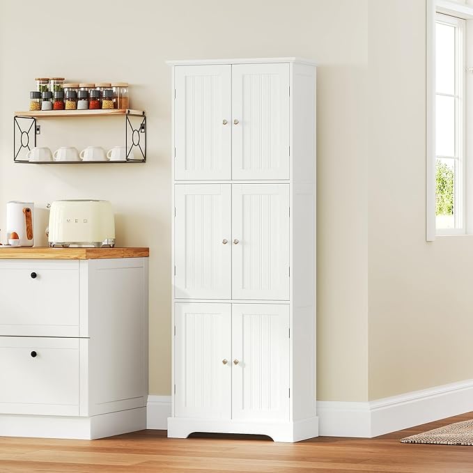ChooChoo Tall Bathroom Storage Cabinet with 6 Doors, Freestanding Floor Cabinet with Adjustable Shelves, White Pantry Cabinet for Bathroom, Kitchen, Laundry Room