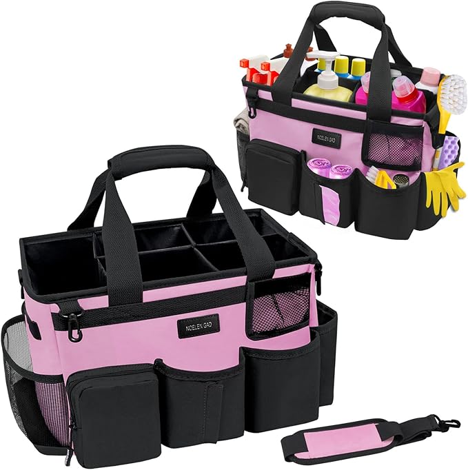 Wearable Cleaning Caddy Bag,Cleaning Supply Tote for Cleaning Supplies, Cleaning Organizer with Adjustable Shoulder and Waist Straps for Cleaners & Housekeepers (Large, Pink)