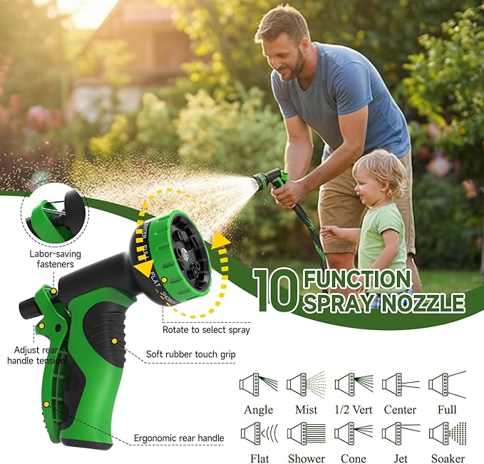 Non-Expandable Garden Hose 100 FT, Heavy-Duty & Flexible Water Hose with 10-Function Nozzle, Kink-Free & Leak-Proof Design, Ultra Lightweight Portable Yard Hose for Lawn, Car, Outdoor Use