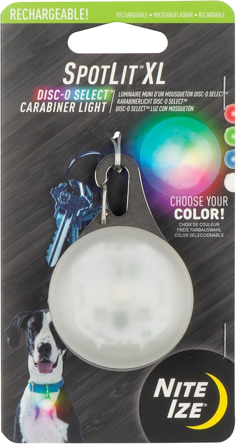 Nite Ize SpotLit XL Rechargeable Carabiner Light - Carabiner Keychain Clip with LED Light - Clip Color-Changing Light for Collars or Keys - Disc-O Select