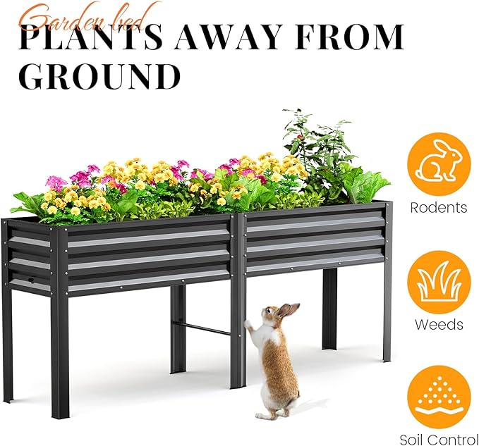 KING BIRD Raised Garden Bed with Legs & Water Storage Tank Galvanized Elevated Planter Box 80×17×31.5 in for Backyard, Patio, Balcony, 500lb Capacity, Dark Grey