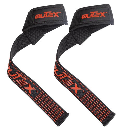 Outex Lifting Wrist Straps for Weightlifting, Gym, Powerlifting, Deadlifts, Bodybuilding, Workout, Strength Training - Premium Cotton with Neoprene Pad (Black-Red Silicone)