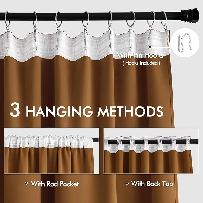 MIULEE Golden Brown Back Tab Blackout Curtains 63 Inch Length 2 Panels Set